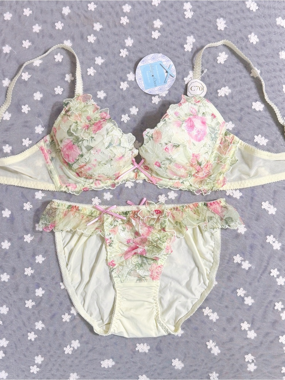 US-32B/JP-C70 Japanese High Class Sew O Floral Embroidery Push Up Bra Panty Set